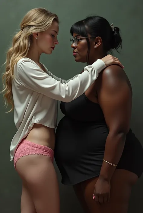 Create a photo of a single young woman aged 25, com pele branca e clara, slender and beautiful body, long light hair, Wearing pink lace panties, and his white shirt is being lifted by a 90 year old woman, obese, dark black skinned, shorth hair, with glasse...