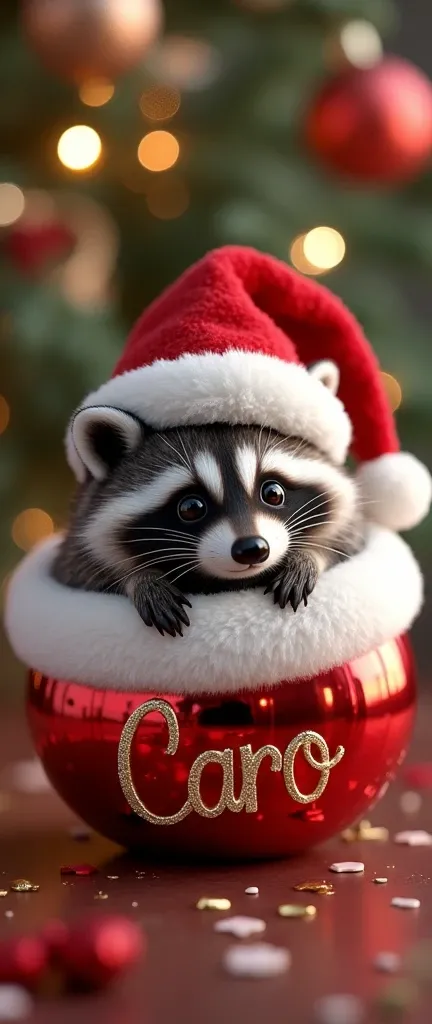 A captivating photograph of a cute extra fluffy baby realistic raccoon A beautiful glass Christmas ball Santa hat with name "caro" with a background with beautiful hyperrealistic Christmas decorations, 3D rendering