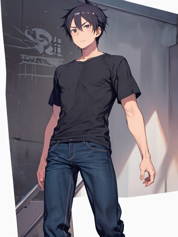 In 2D anime style、Create an image of an average height male student wearing a black t-shirt and blue jeans。