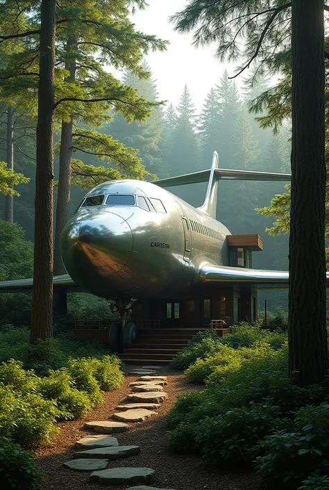 A house made of a huge high-end airplane in the middle of the forest 