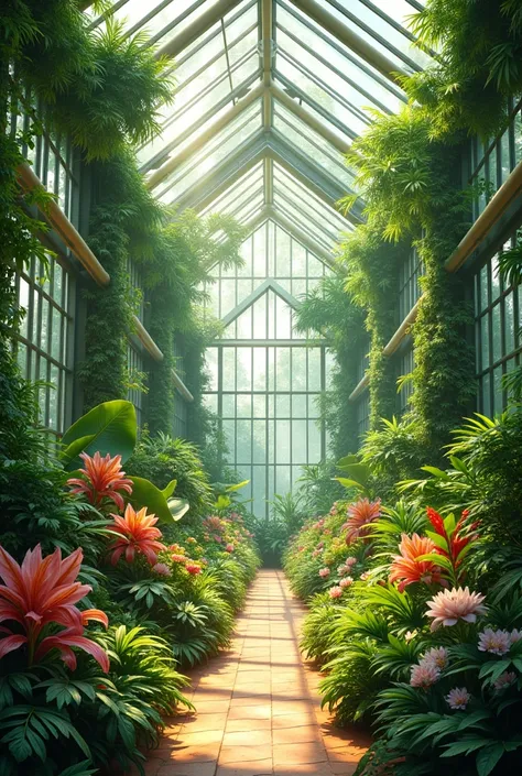 A beautifully designed greenhouse filled with a variety of green plants and flowers, with sunlight streaming through the glass panels.