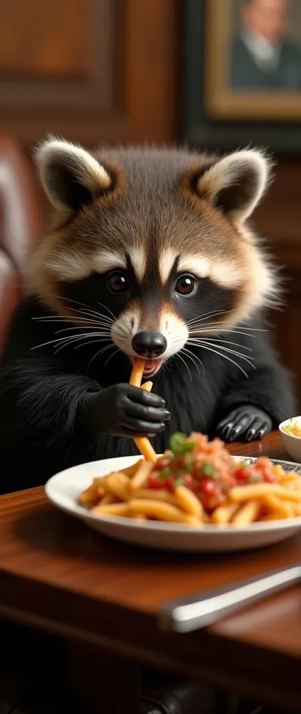 A captivating photograph of a cute extra fluffy baby realistic raccoon. nord korea leader Kim joung  eating dinner , enjoy , studio-lighting, detail , conceptual art and cinematic