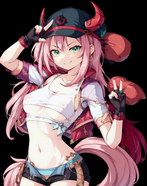 1 girl, fingerless gloves, gloves, green eyes, black cap, red horns, jacket,  looks at the viewer, pink hair, pony tail, red nails, solo, long hair, chest, white top, green eyes, jacket, long hair, looks at the viewer, mid-body, navel, pink hair, pony tail...