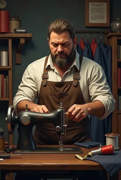 A sewing machine with a tailor with a manly background
