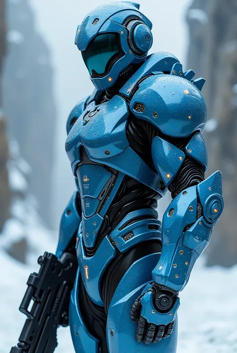 Craft blue scale arm armor/ice that has a firearm support that goes from the hand to the shoulder.