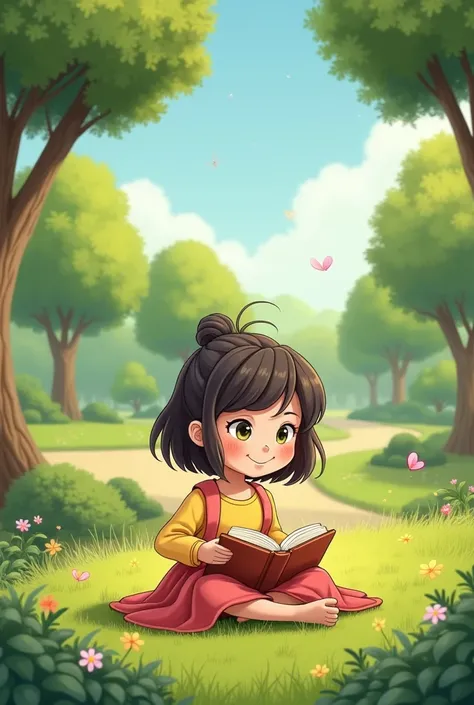 a female cartoon reading a book in park