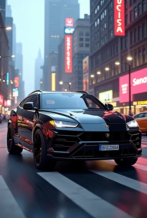 The black Lamborgini urus in the city