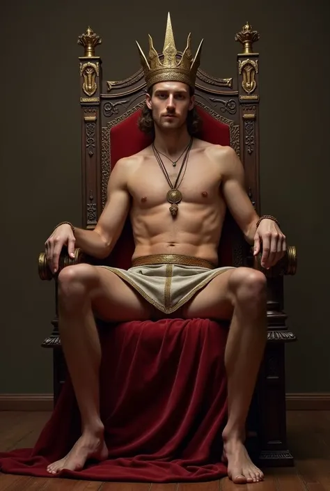 Generate a Realistic image of A naked Young 2 King sitting on his throne