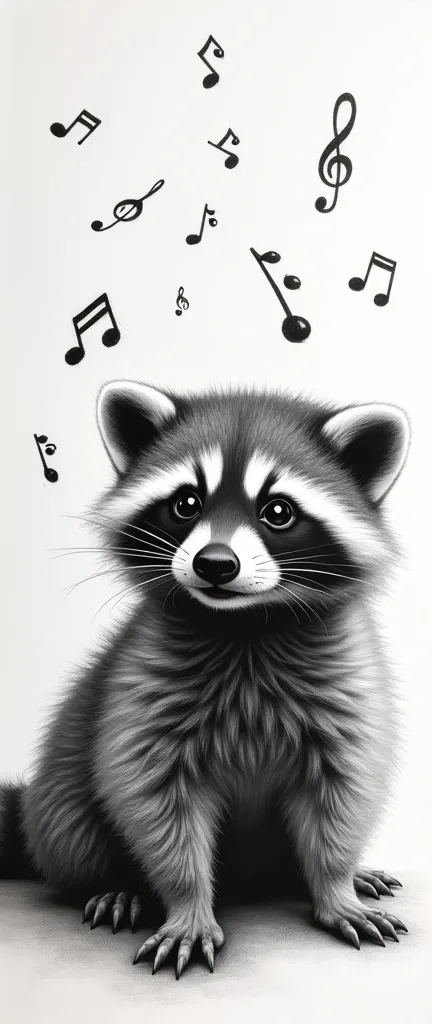 A captivating photograph of a cute extra fluffy baby realistic raccoon., music notes drifting apart, charcoal drawing, on white canvas with clean back