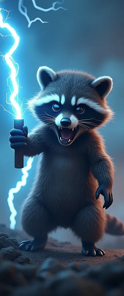 A captivating photograph of a cute extra fluffy baby realistic raccoon Muscular (full body), evil look with blue lightning coming out of his eyes, half-open mouth from which the jaws can be glimpsed, he holds Zeus thunderbolt in his right hand. In the back...