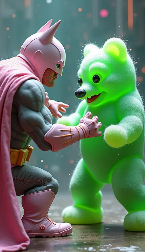 highly detailed, surreal scene, white and pink batman suit, batman fighting green gummy bear, cinematic lighting, photorealistic, 8k, hyperrealistic, colorful, dynamic,, intricate, masterpiece, award winning art, funny, surreal caricature scene