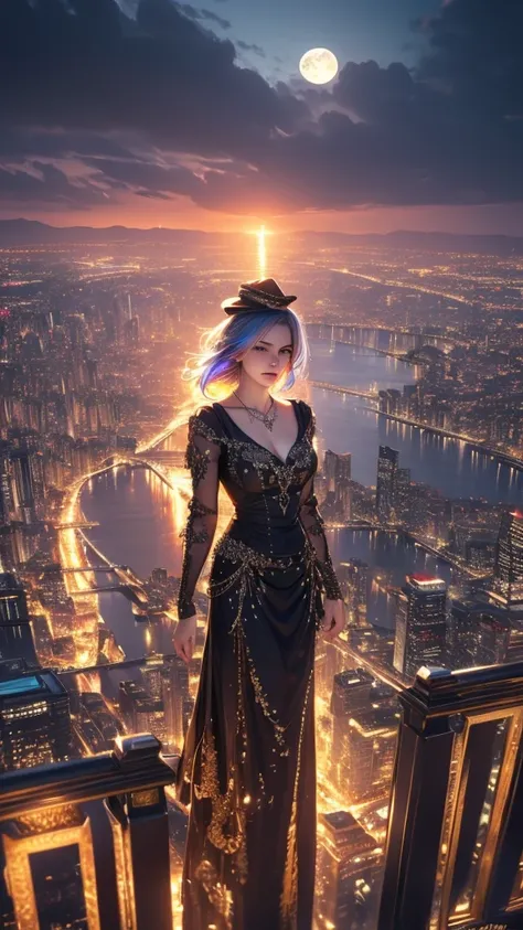 a woman with multicolored hair, beautiful detailed eyes, beautiful detailed lips, extremely detailed face and skin, long eyelashes, wearing a necklace and a hat, standing alone at night in a city with a castle, skyscrapers, ferris wheel, full moon in the s...