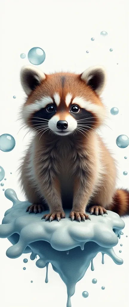 A captivating photograph of a cute extra fluffy baby realistic raccoon liner light laser texture reality glue full color // Double exposure inside on the bubble distortion exagono watercolor // diluete liquid splash on , floor textura foam estelar textura ...