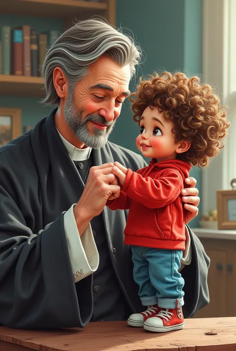 Color drawing of a priest playing with a thread doll resembling a curly-haired child wearing a red sweatshirt