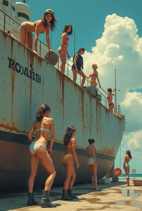 Four women in bathing suits are cleaning a huge, worn-out military ship covered in oil stains. They are scattered around the machine: A woman is lying on top , Another is leaning forward cleaning one of the stains, while two more stand on the sides, workin...