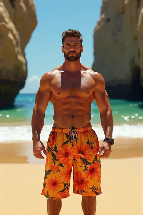 Strong man in voluminous swim trunks on Pedra Furada beach in Jericoacoara 