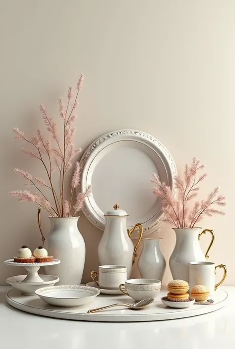 kitchen items, Cups, shoperos. Vases, Cups, silver cutlery set and pastry items forming a circle 
