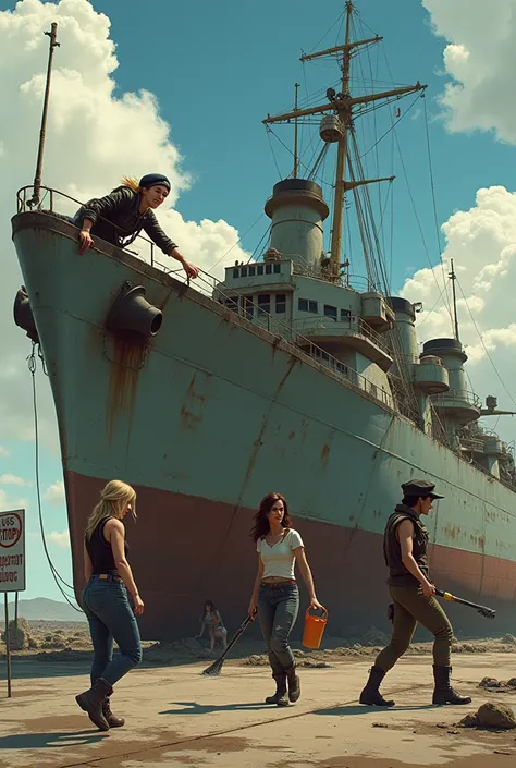 Four women are cleaning a huge, worn-out military ship covered in oil stains. They are scattered around the machine: A woman is lying on top , Another is leaning forward cleaning one of the stains, while two more stand on the sides, working with sponges an...