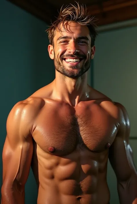 The worlds sexiest handsome muscular hunk, masculine facial features, stubble, Intricate details, cocky smirk, short light-brown dripping wet hair, hairy muscular chest, soaked all over, cinematic texture, best quality, bright dynamic lighting, color grade...