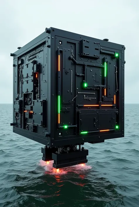 Black cube made of metallic materials with geometrically distributed panels which have slots from which green and red neon lights emerge, black sheet, Stainless steel, exposed mechanical elements, motor, gear, pipelines, cabling, turbojet thrusters, fire e...