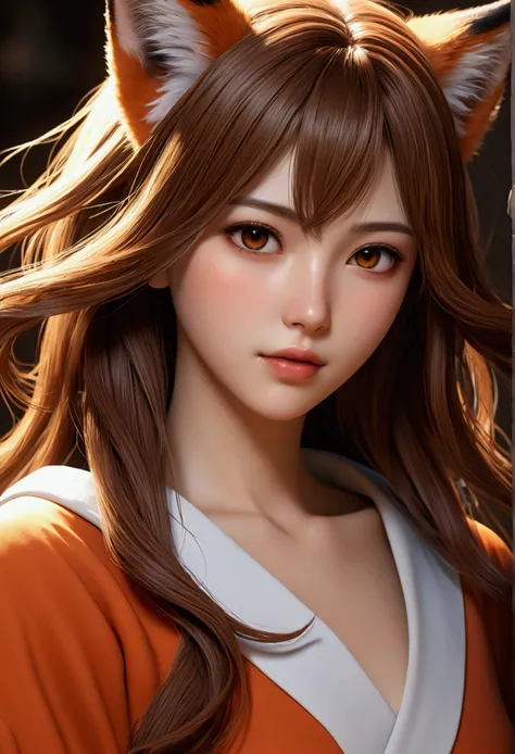 ( Full Body Picture) (Best quality, 8K), (HDR,))) soft lighting, picture perfect, realistic, vibrant, fox girl with brown hair, kitsune, beautiful female kitsune, digital anime illustration, beautiful illustration, beautiful digital artwork, exquisite digi...