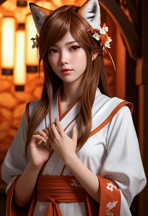 ( Full Body Picture) (Best quality, 8K), (HDR,))) soft lighting, picture perfect, realistic, vibrant, fox girl with brown hair, kitsune, beautiful female kitsune, digital anime illustration, beautiful illustration, beautiful digital artwork, exquisite digi...