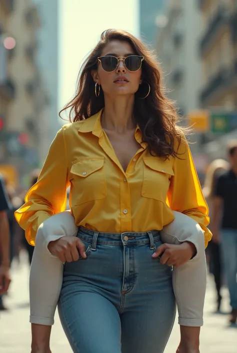 Create a photo of a 30 year old young woman, with a slender and beautiful body, wearing jeans and a long yellow tight blouse, with white and clear skin, with long brown hair and wearing sunglasses and hoop earrings being carried on the shoulders of a 90 ye...