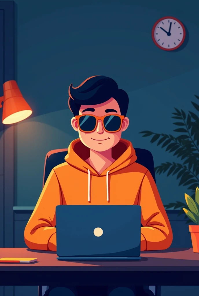 ANIME FRIENDLY LOOKING MALE BUSINESS CHARACTER, A ORANGE HOODIE AND SUNGLASSES. HE IS SITTING BEHIND HIS LAPTOP IN HIS OFFICE, ARMS ON HIS DESK. IT IS NIGHT. THE ROOM HAS VOLUMETRIC
LIGHTING. HE IS FRONT FACING TO THE CAMERA, LOOKING STRAICHT AND CENTERED,...