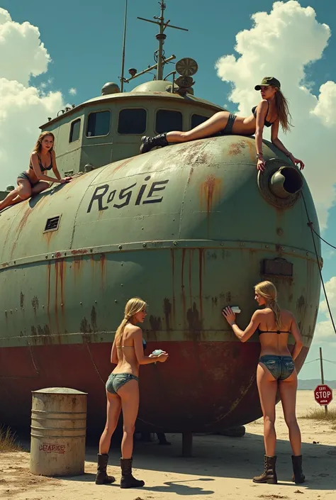 Four scantily clad women are cleaning a huge, worn-out military vessel covered in oil stains. They are scattered around the machine: A woman is lying on top , Another is leaning forward cleaning one of the stains, while two more stand on the sides, working...