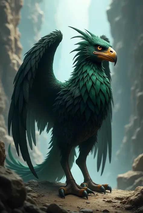 Solo, feral, gryphon, wings, green and black plumage, smirking expression