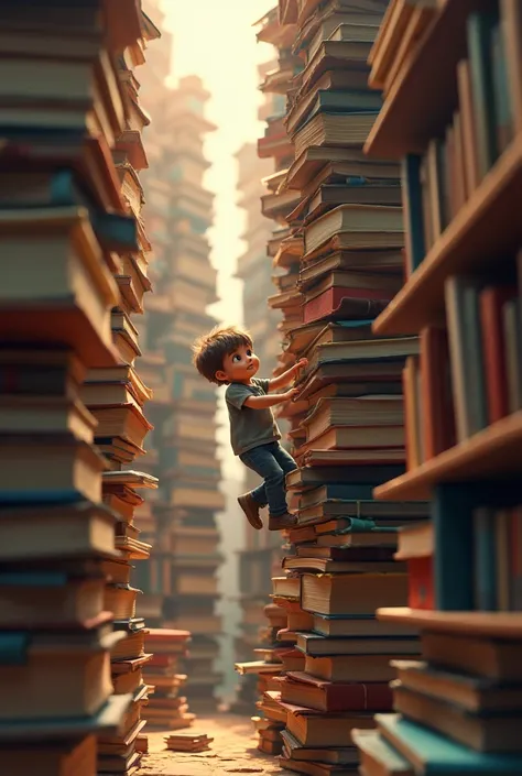 Generate an image of a child climbing books