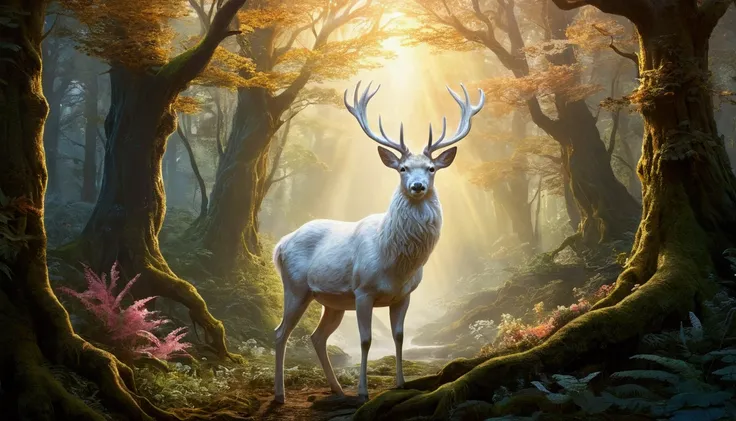 A beautiful animal, albino deer, enchantingly elusive humanoid faun, white fur, every aspect exudes magic in the midst of danger: shimmering rainbow fur, ethereal golden horn, and eyes that seem to hold the secrets of the universe. The mystical creature is...