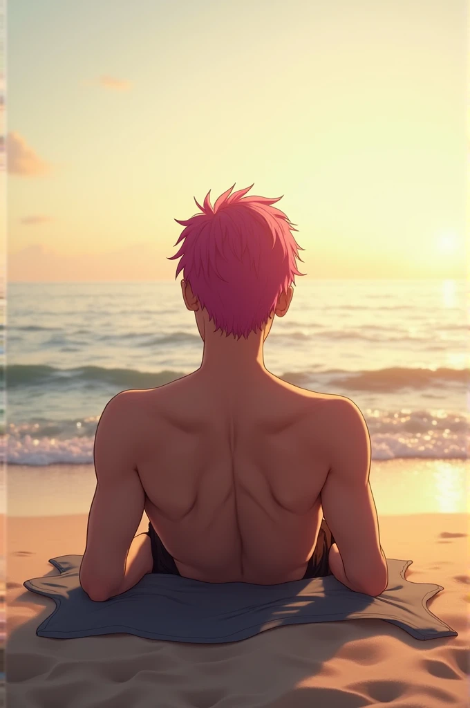 A man with his back on a beach This man has pink hair 