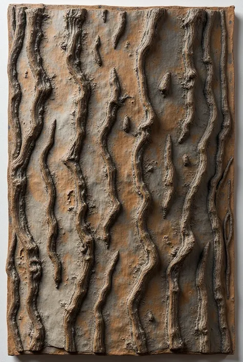 Create a realistic relief engraving of the bark of a tree, making the bark more interesting as if it were flat and zooming in on a 30x30 frame if possible, so this relief is made with papier-mâché