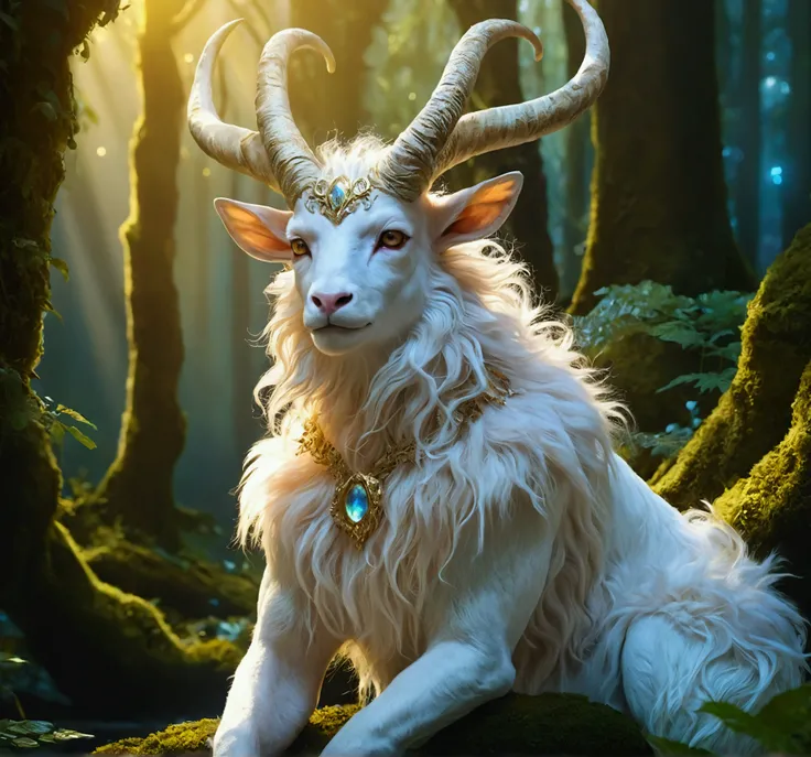 A beautiful animal, enchantingly elusive humanoid faun, white fur, every aspect exudes magic in the midst of danger: shimmering rainbow fur, ethereal golden horn, and eyes that seem to hold the secrets of the universe. The mystical creature is surrounded b...