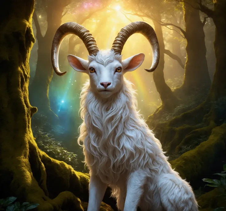 A beautiful animal, enchantingly elusive humanoid faun, white fur, every aspect exudes magic in the midst of danger: shimmering rainbow fur, ethereal golden horn, and eyes that seem to hold the secrets of the universe. The mystical creature is surrounded b...