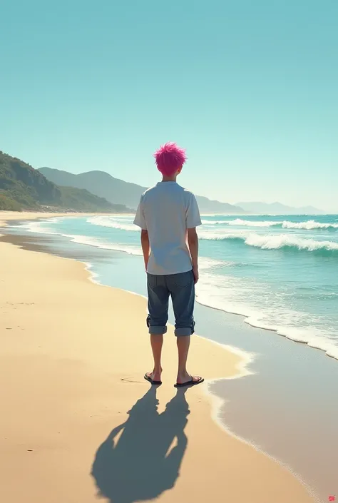 A man from behind on a beach This man has realistic pink hair 