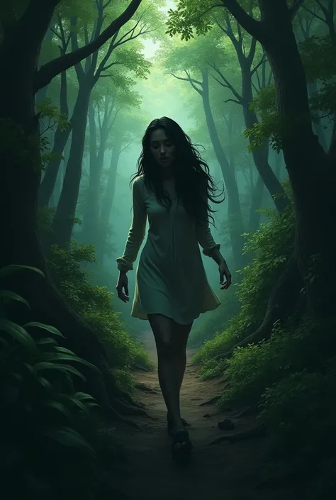 Ximena desperately searching for the path in the forest, showing his confusion and anguish.