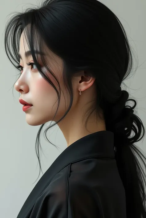 profile face of a beautiful Asian woman 2 with black clothes loose hair