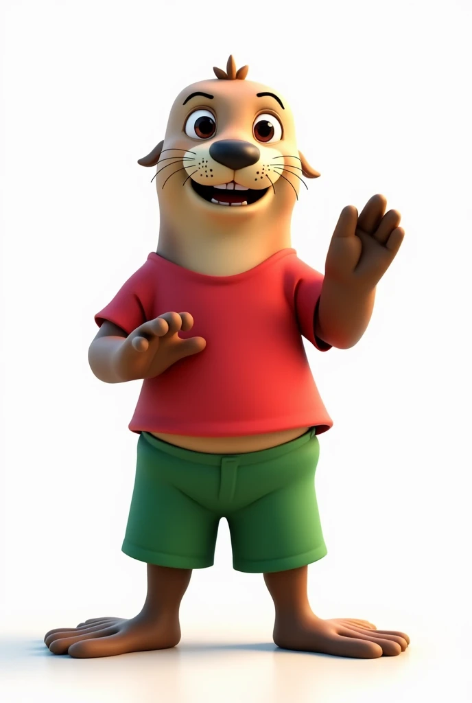 Sea lion mascot with green shorts and red shirt animated white background without logos on clothes

