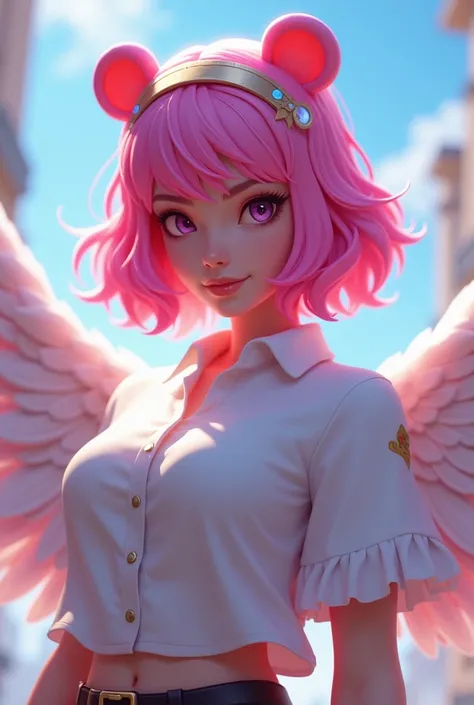 A character from the game Free fire, medium length hair pink hair color with bear ear headband, White Auta collar shirt with wings on the back, 3 d image