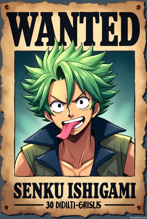 Senku Ishigami, One Piece wanted poster, sticking out tongue, with the full name of Senku Ishigami, and 30 million Berries for his head