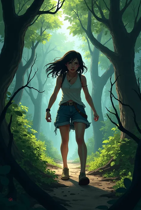 Ximena desperately searching for the path in the forest, showing his confusion and animated distress