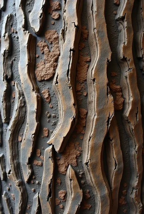 Create a realistic relief engraving of the bark of a tree, making the bark more interesting as if it were flat and zooming in on a 30x30 frame if possible, so this relief is made with papier-mâché and in layers.