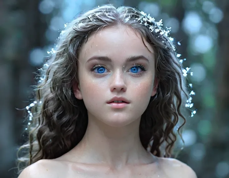 elf girl, 1, nude,angelical face,bright skin, skinny body, blue eyes, realistic eyes, wavy hair, dark fantasy film, white skin, extremely realistic photo, extremely detailed pixels and particles, sexy pose, high-angle shot, soft focus, detailed background,...