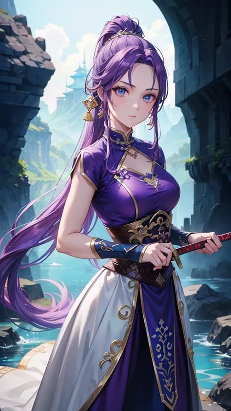 a beautiful woman with long purple hair and blue eyes holding sword in her hand, in the style of light aquamarine and magenta, dark magenta and light zure, chinese fantasy art, chinese mythology, chinese art, sword, weapon, ponytail, jewelry, dress, hair o...