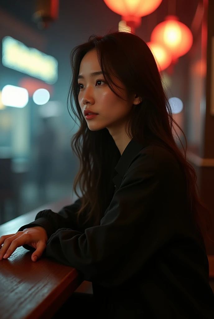 profile face of a beautiful asian woman 2 in black clothes loose hair sitting at a bar table