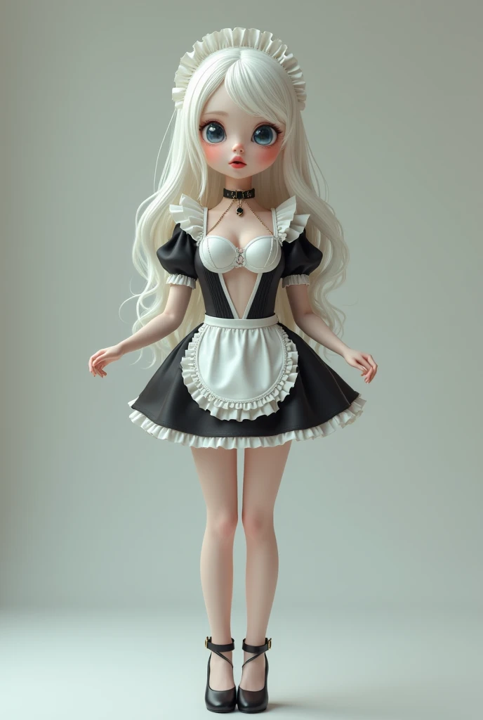 small (155cm tall) 1 albino girl with light blue eyes and white skin, long curly hair, small ass and waist, C cup, slim and a bit underweight body, hairless body and pussy, wear a short french maid dress with a heartformed opening for my boobs and no sleev...