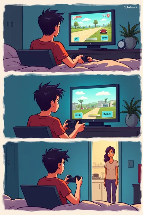 Make a picture of a comic, in the first frame it shows a person playing a video game, The second shows the game he is playing on the television screen and the third frame shows his mother at the door calling him to dinner.