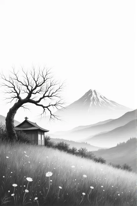 tree, monochrome, house, mountain, scenery, no_humans, flower, outdoors, traditional_media, greyscale